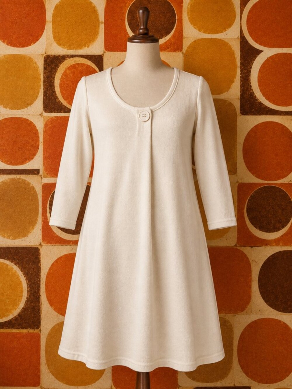 Vintage Cream Mod A-Line Dress • Long Sleeve • Retro Minimalist
